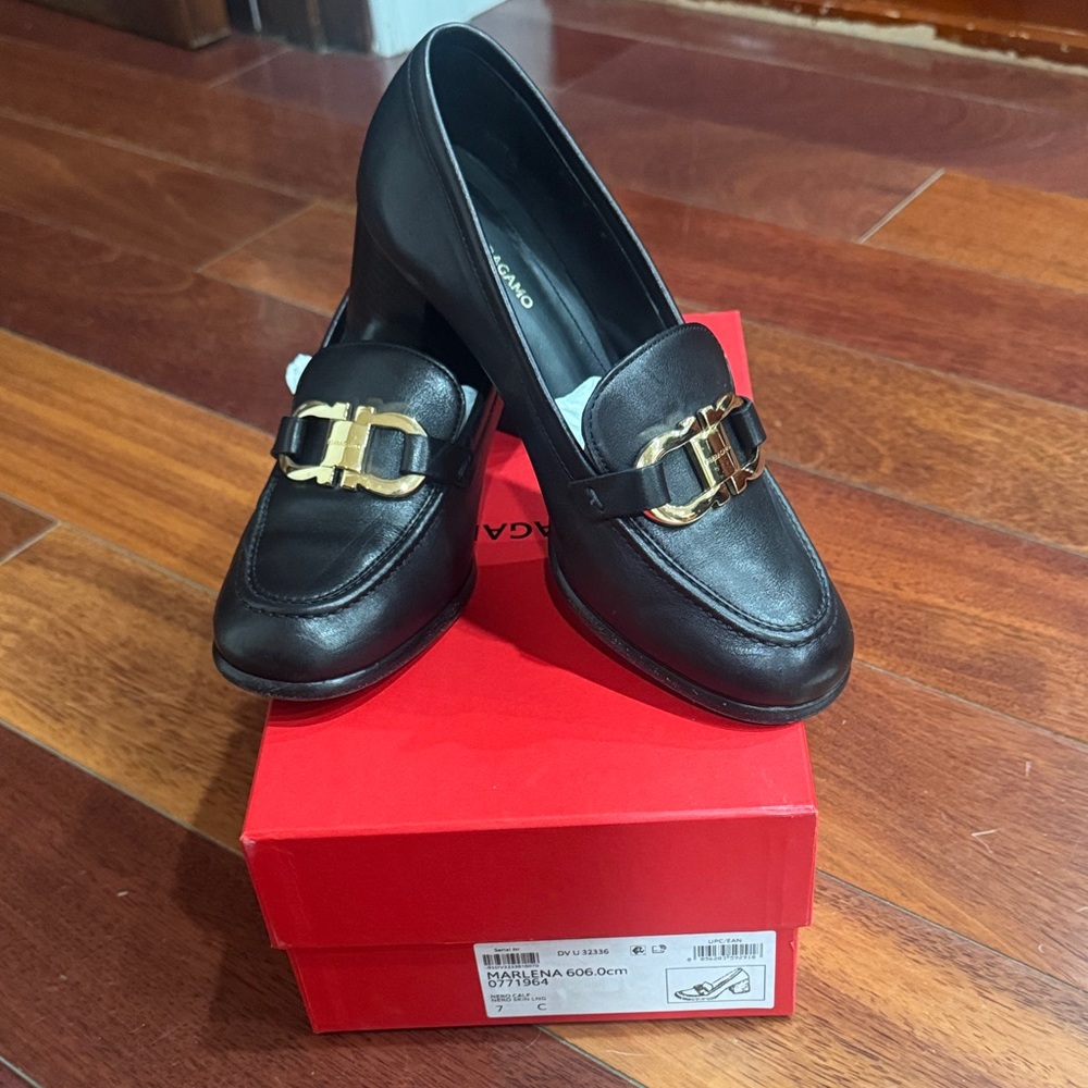 Salvatore Ferragamo Women's Black Leather Loafers with Gold Buckle